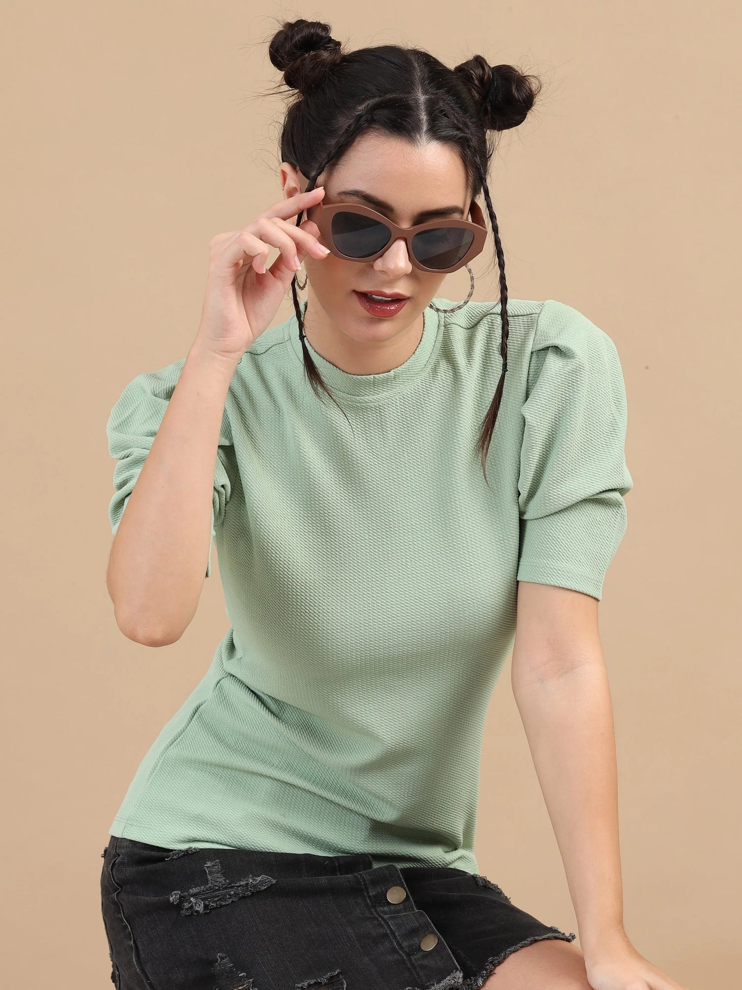 Women Regular Top, 3/4 Puff Sleeve, Lycra, Sage green