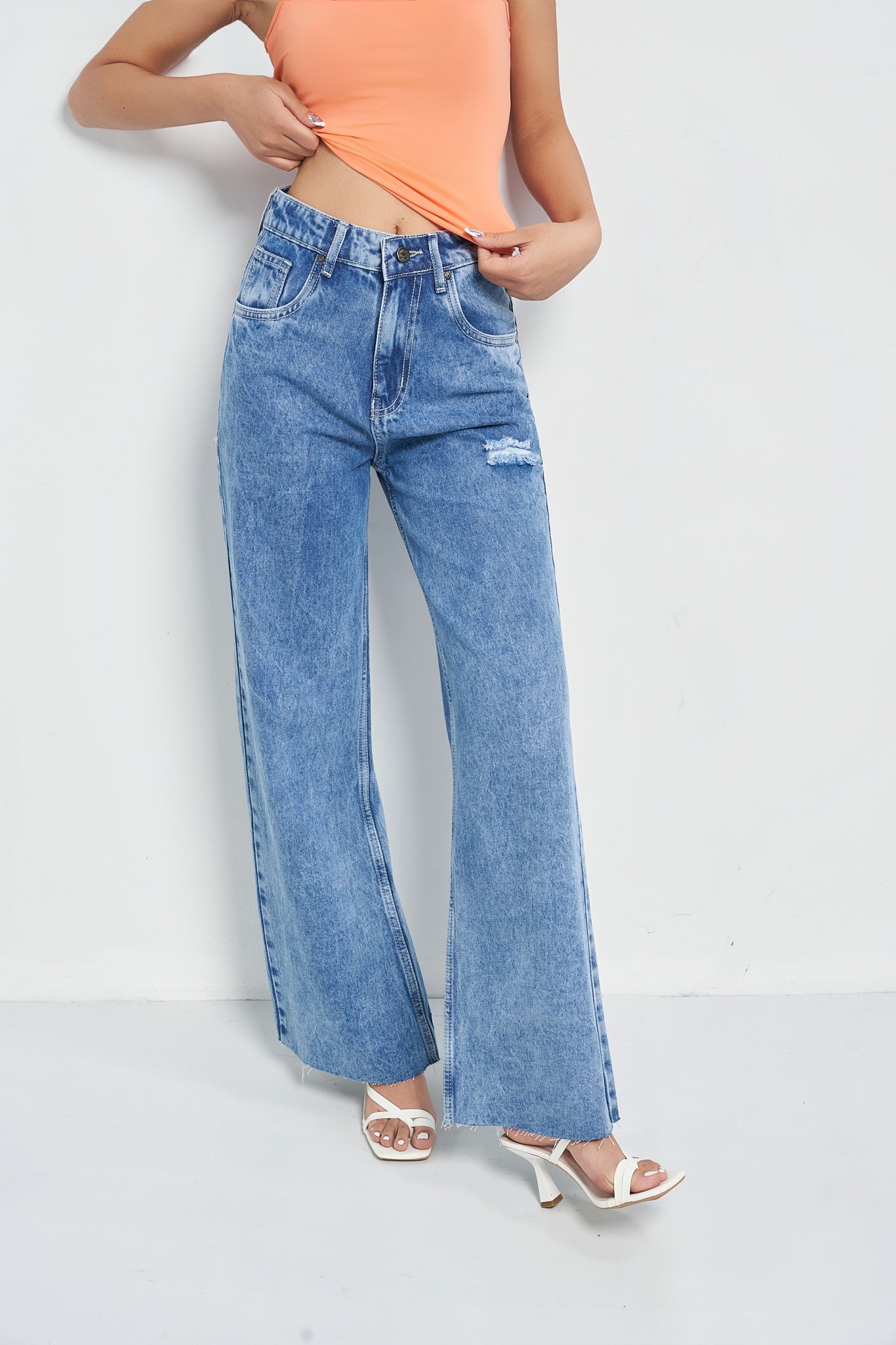 Raw Rip Stone Blue Wide Leg Jeans