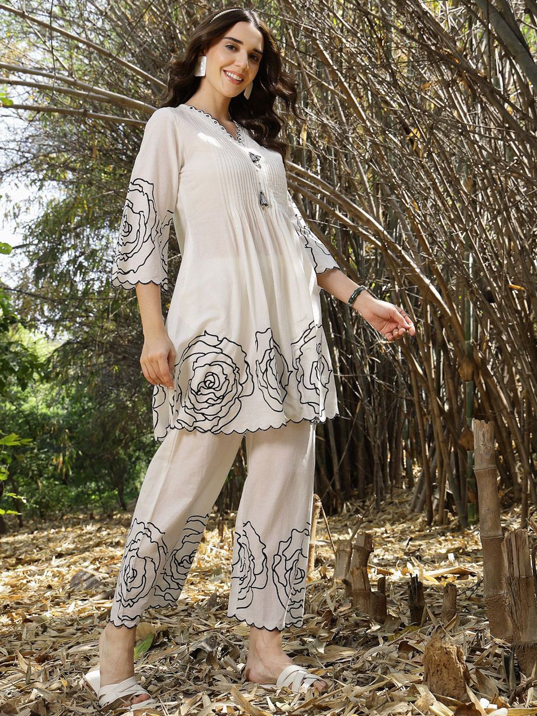 Hem Design V Neck Pure Cotton Tunic With Palazzo Co-Ords