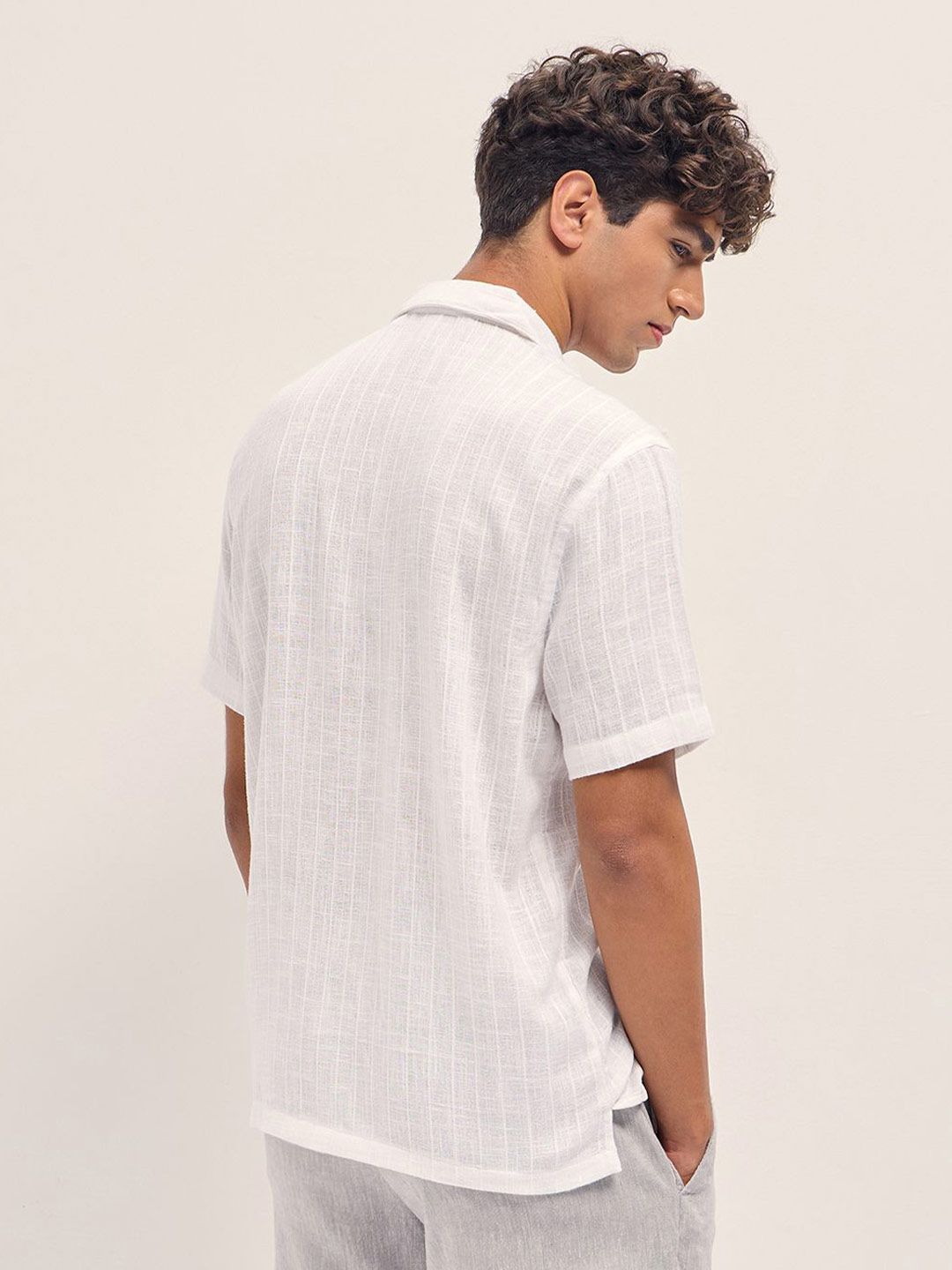 Men Relaxed Fit Textured Cuban Collar Linen Casual Shirt