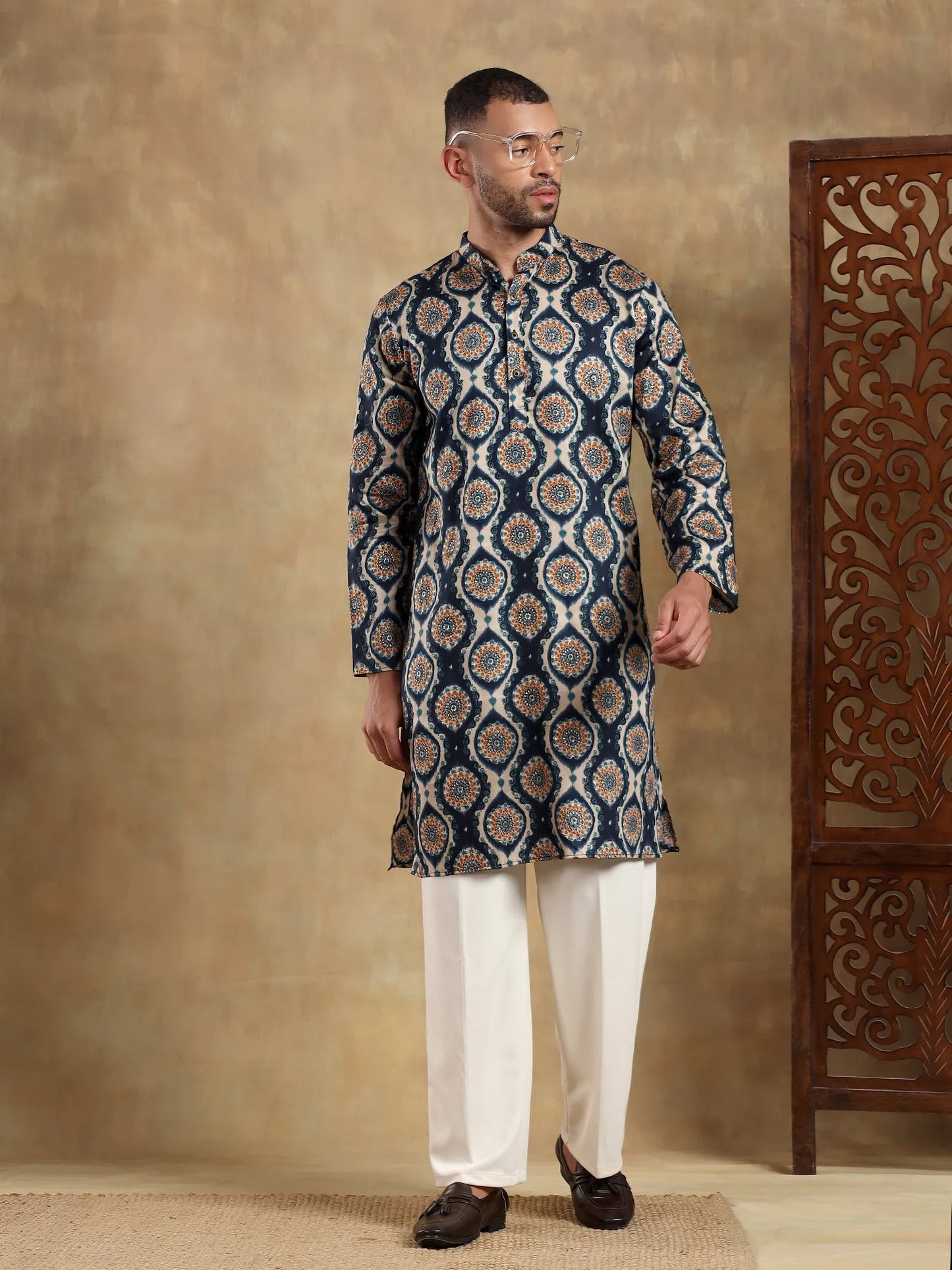 Off White - Navy Printed Long Kurta