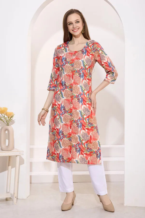 Tomato Linen Cotton Round Neck Women Long Kurta