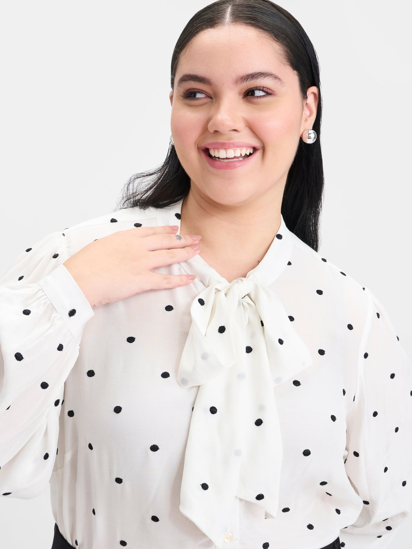 100% Viscose Polka Dot Tie-Neck Top