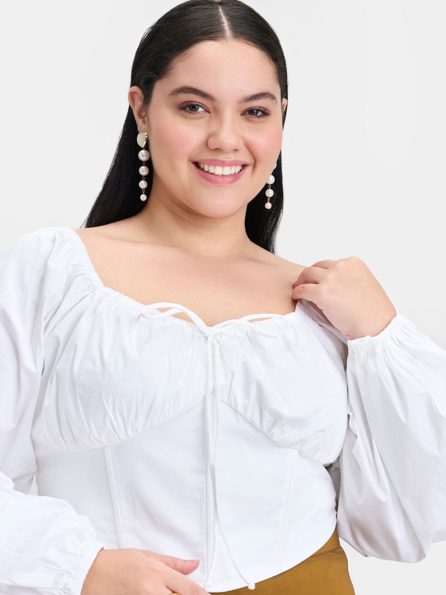 100% Cotton Ruched Blouson Sleeve Top