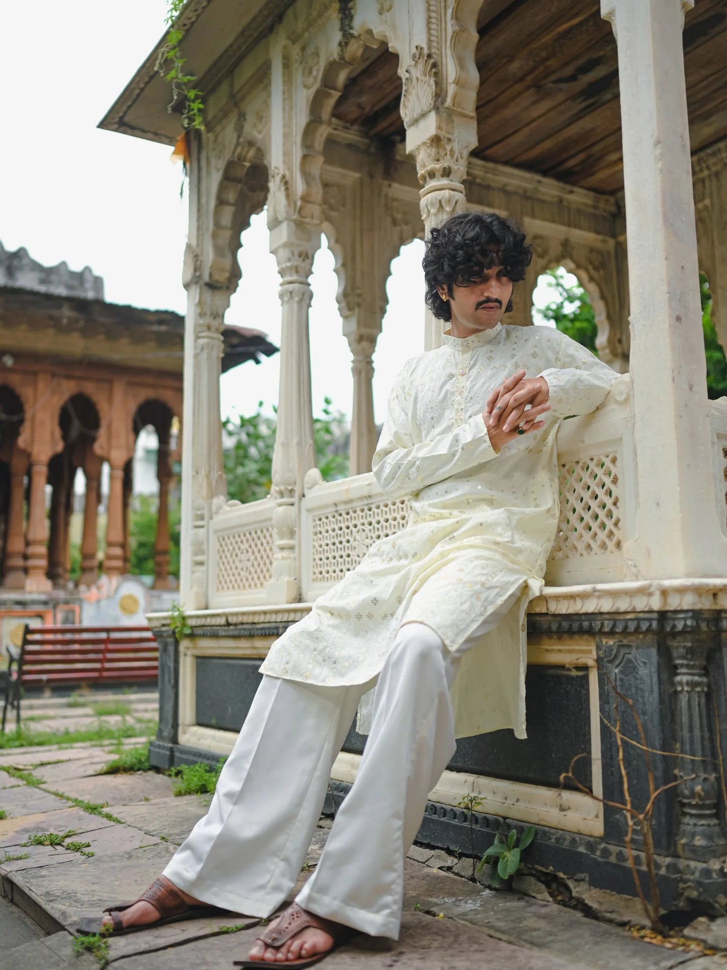 Cream Thread And Mirror Work Long Kurta