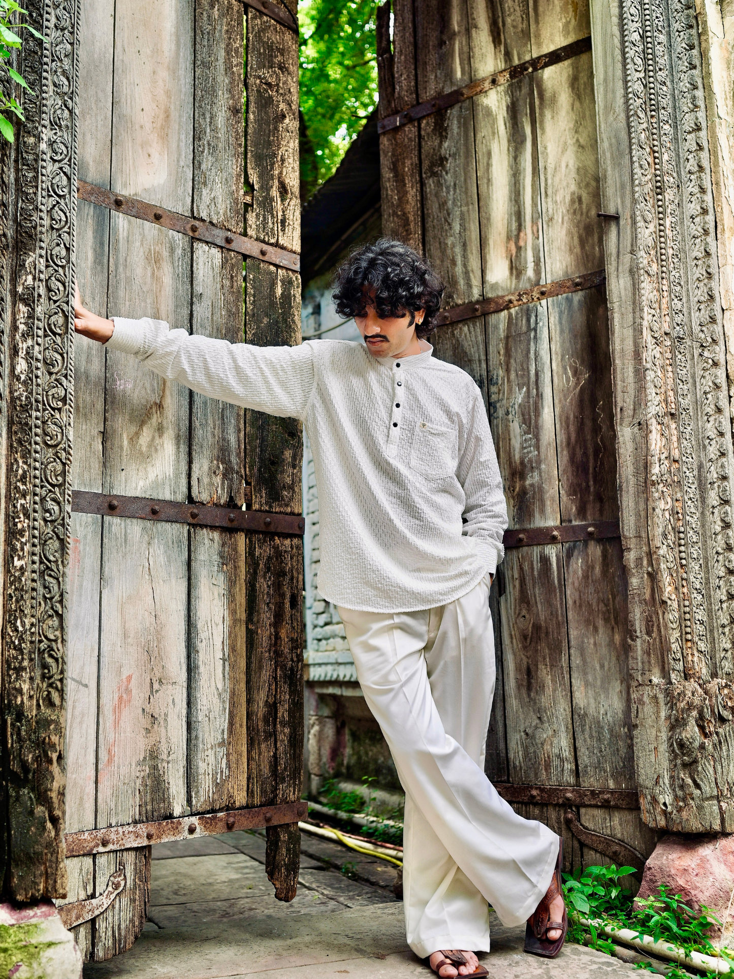 White Texture Weave Short Kurta