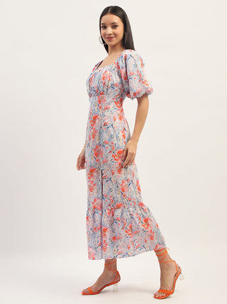 Madame Printed Fit And Flare Blue Cotton Maxi Dress