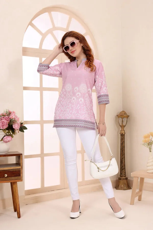 Pinky Pink Cotton Short Kurti Tunic Top with Floral Print for Women
