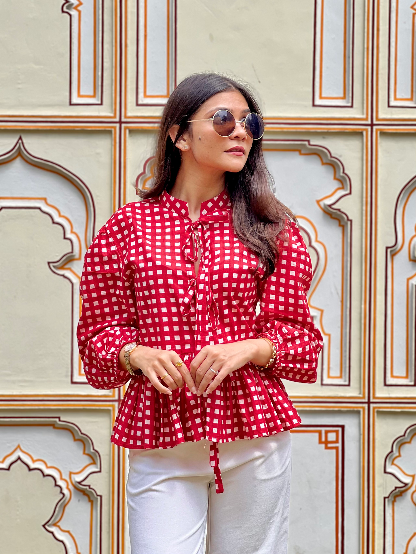 Crimson Red Checks Front Tie-up Top