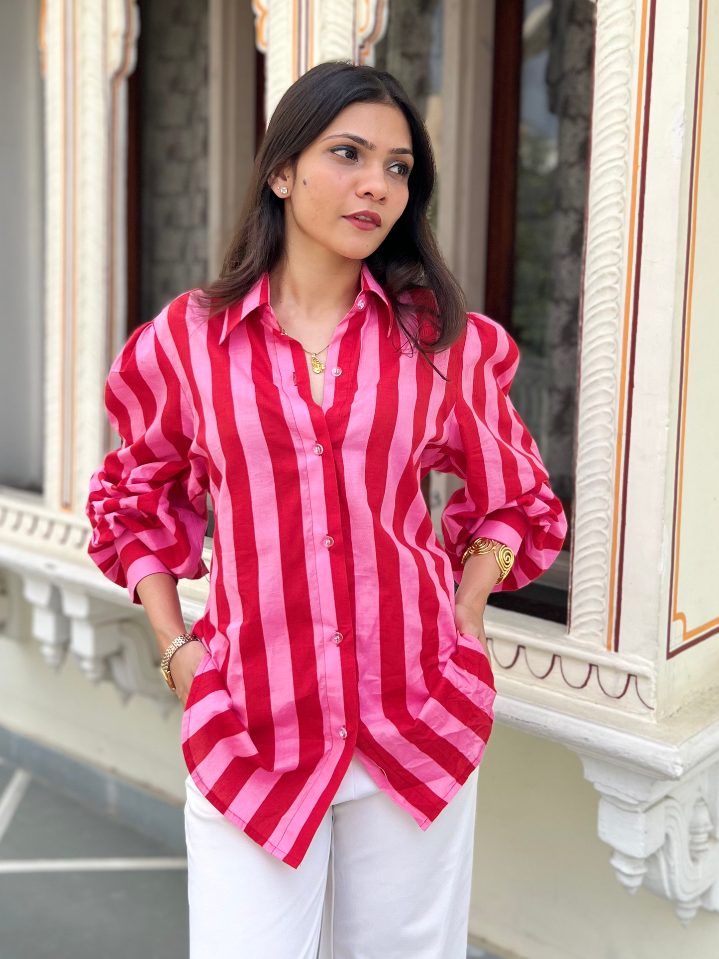 Flamingo Pink Stripes Statement Shirt