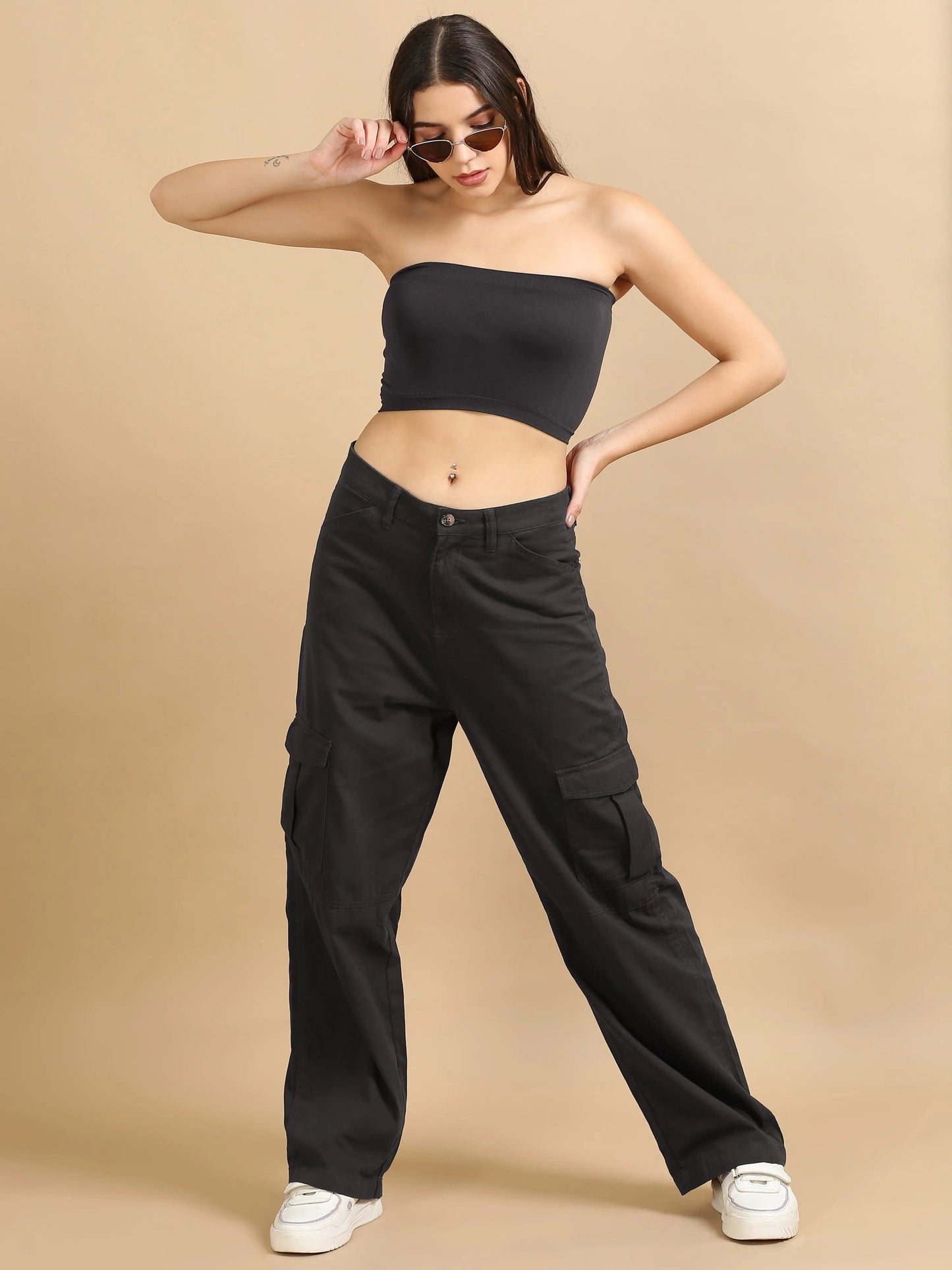 Women Cotton Relaxed Fit Cargo Trousers, Dark Grey