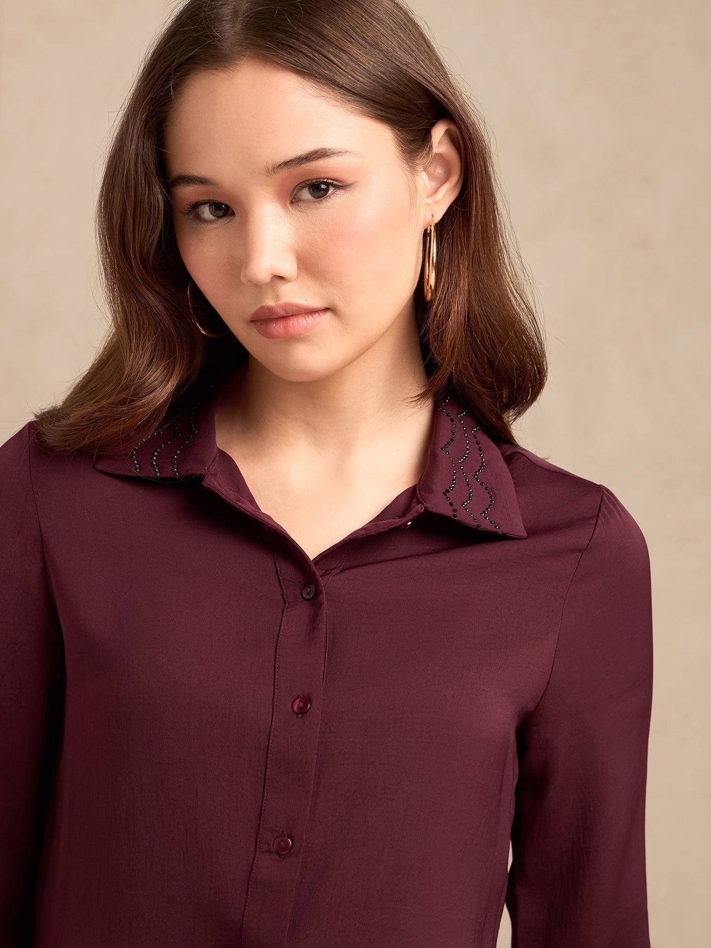 Wine Regular Satin Shirt With Embellished Collar