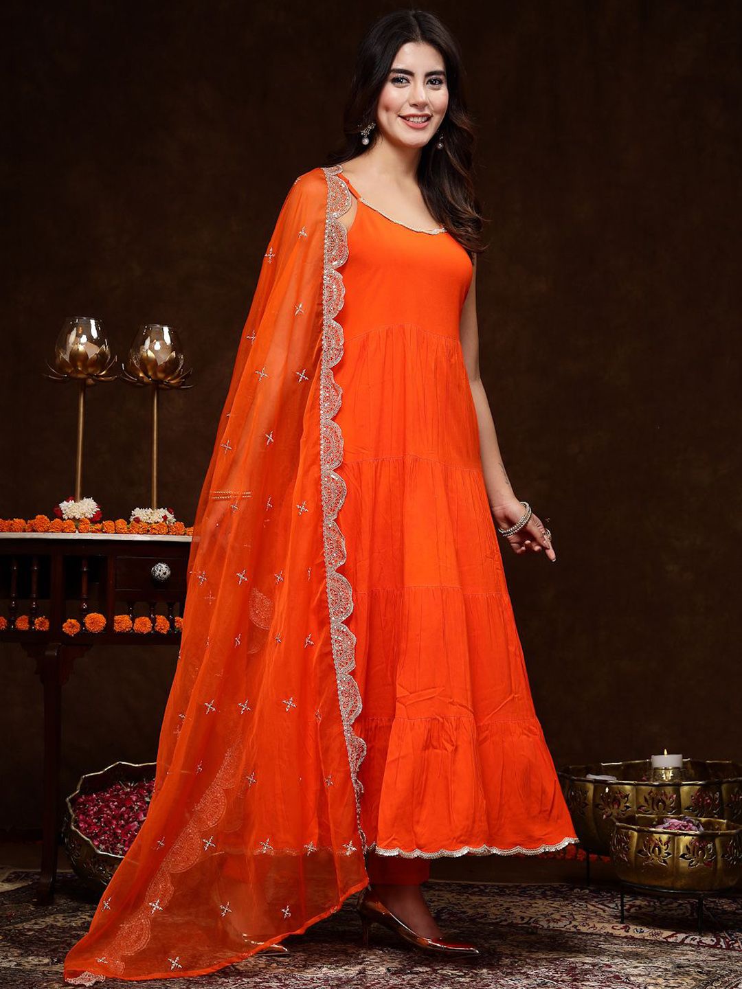 Orange & White Sleeveless Tiered A Line Kurta & Trousers With Dupatta