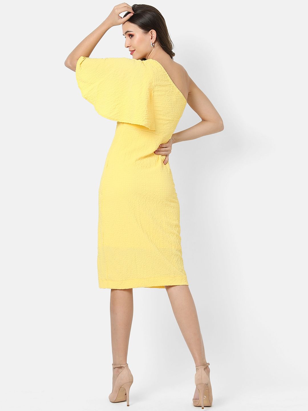 Yellow One Shoulder Crepe Bodycon Dress