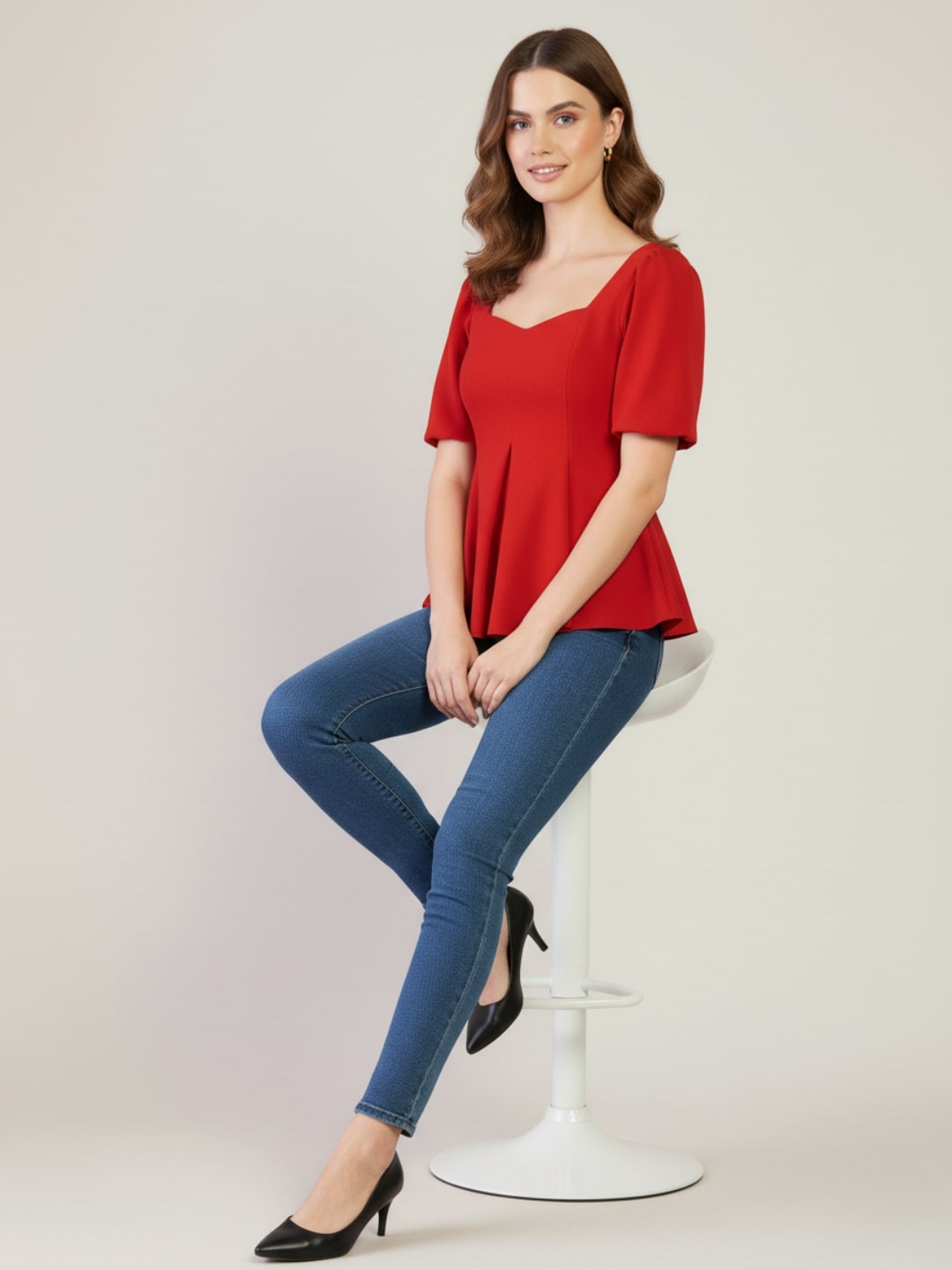Stretchable Puff Sleeves Peplum Top