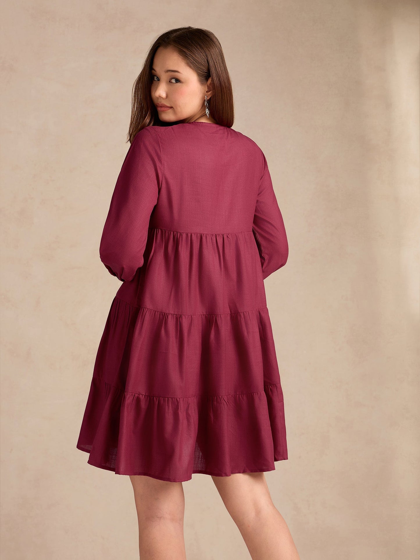 Wine Relaxed Fit Flared Dress With Embroidered On Yoke