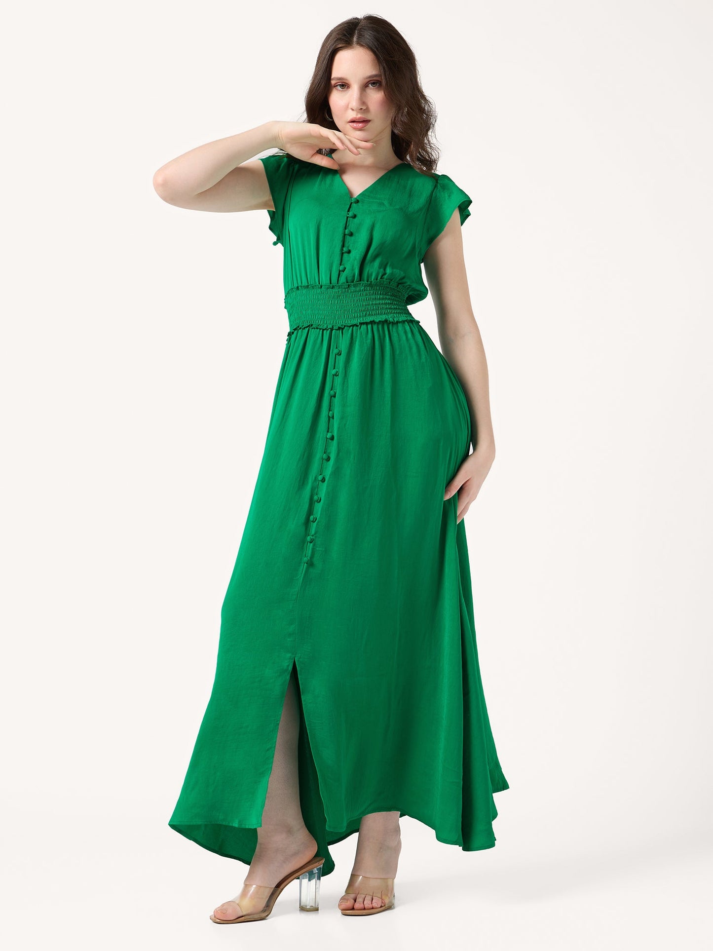 Green Tiered Maxi Length Flared Dress