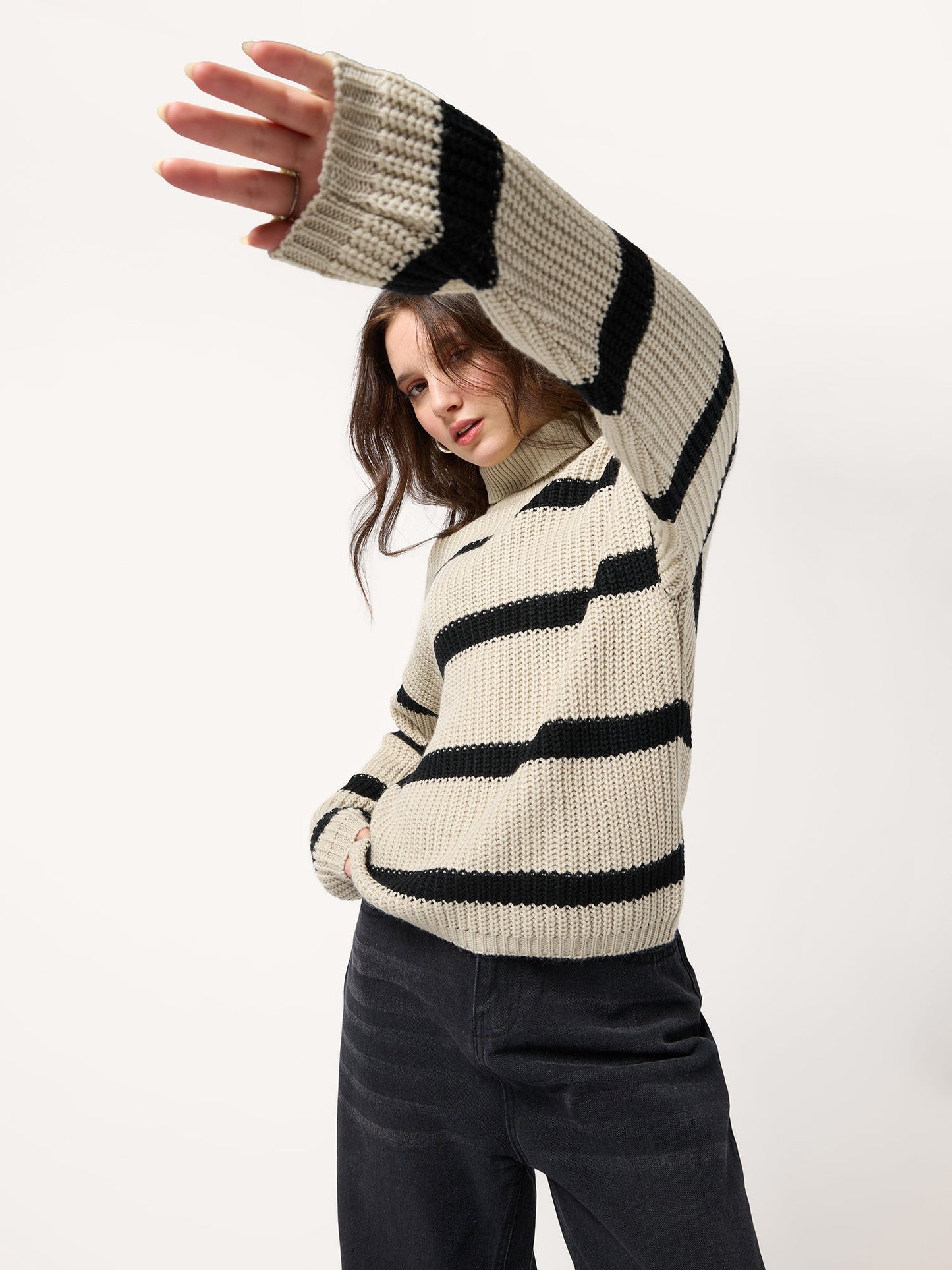 Beige High Neck Striper Sweater