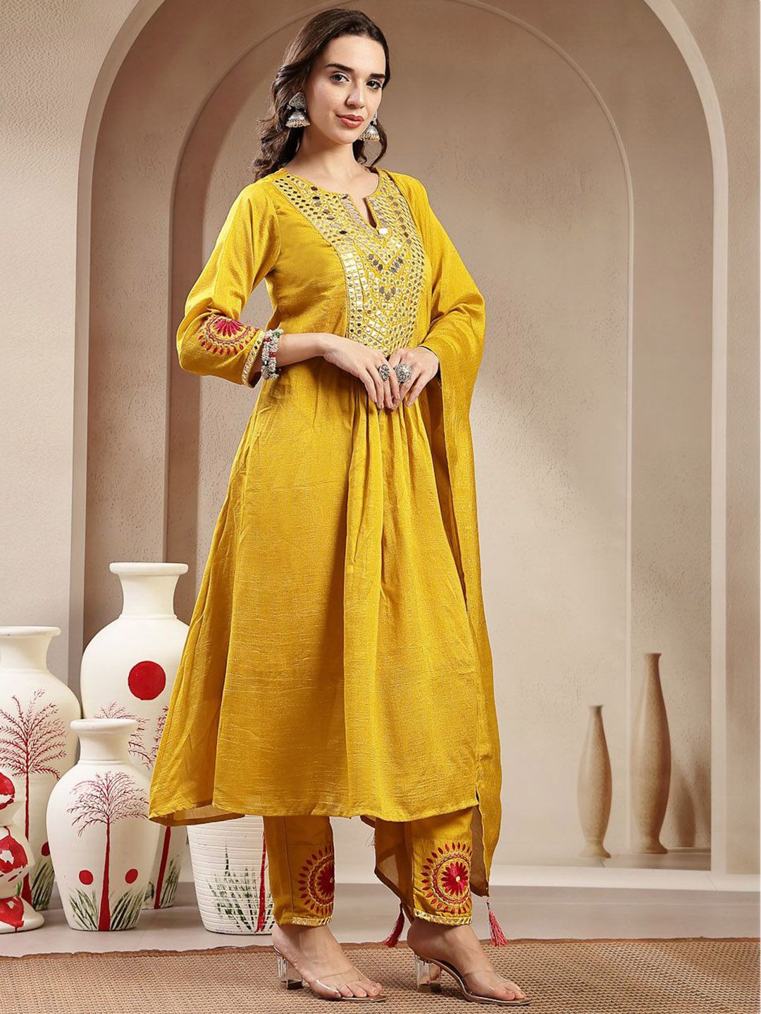 Women Solid Embroidered Kurta with Pyjamas & Dupatta