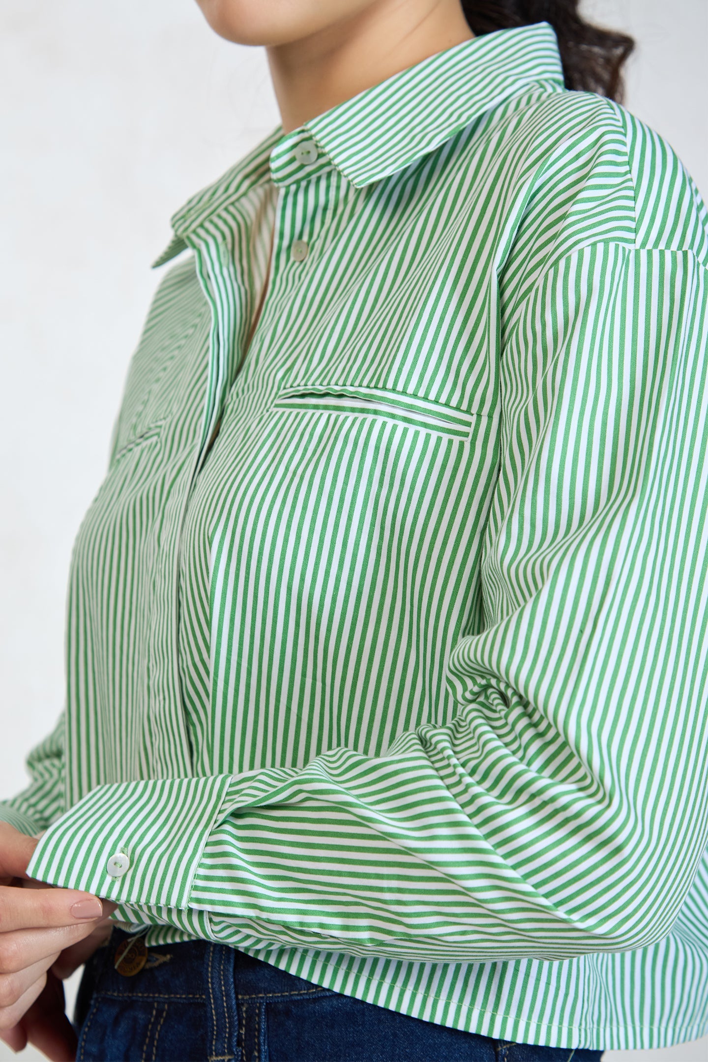 100% Cotton Green-White Striped Shirt