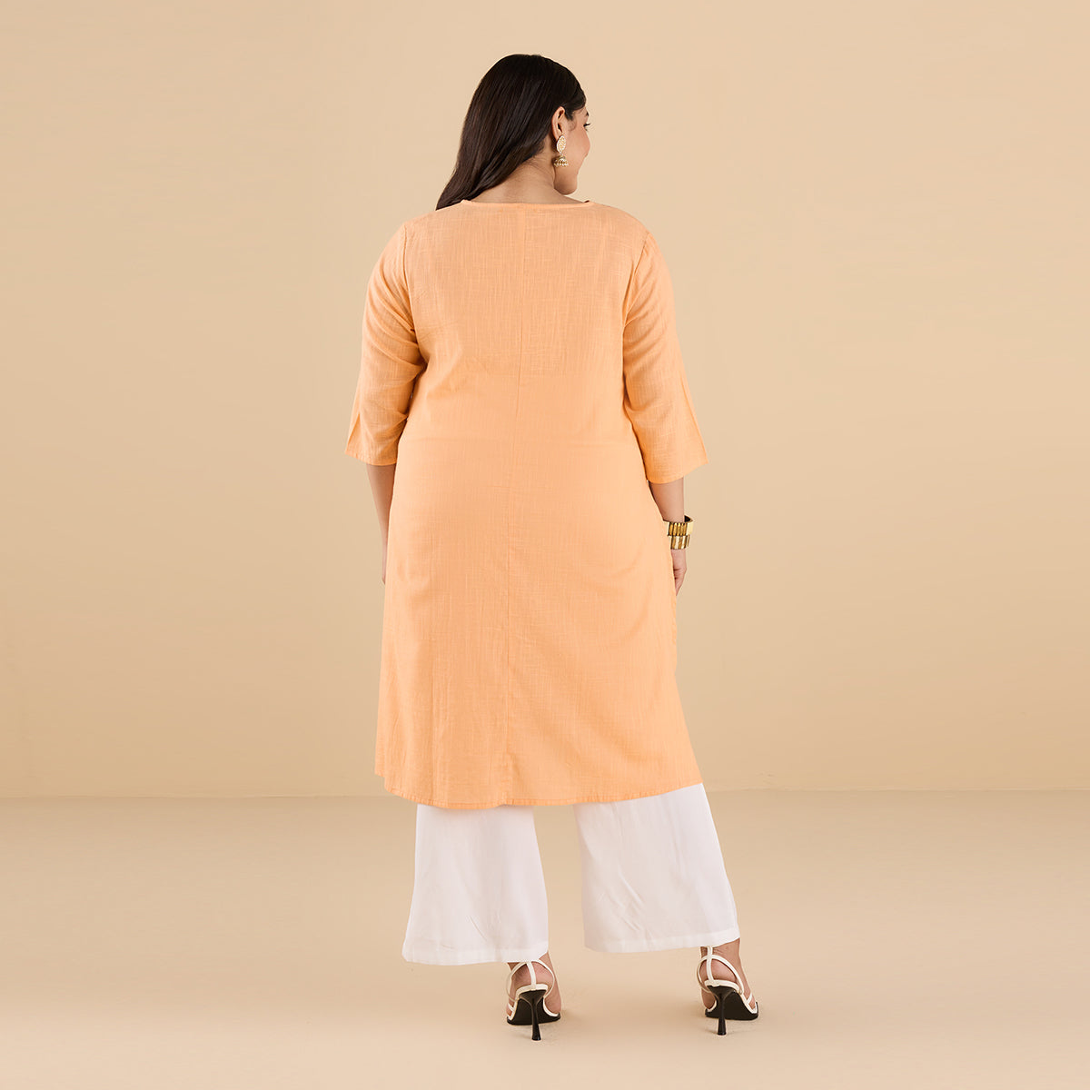 PLUS SIZE PASTEL CORAL ORANGE SLUB KURTA | XL - 6XL