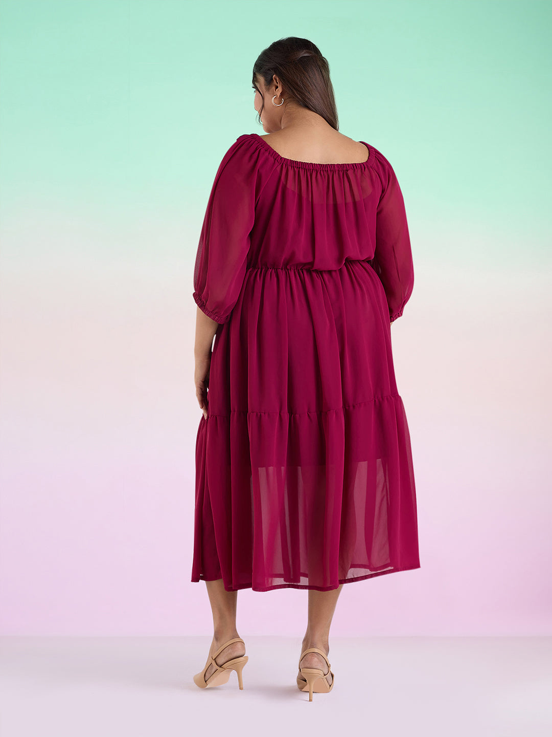 PLUS SIZE WINE TIERED GEORGETTE DRESS | XL - 6XL