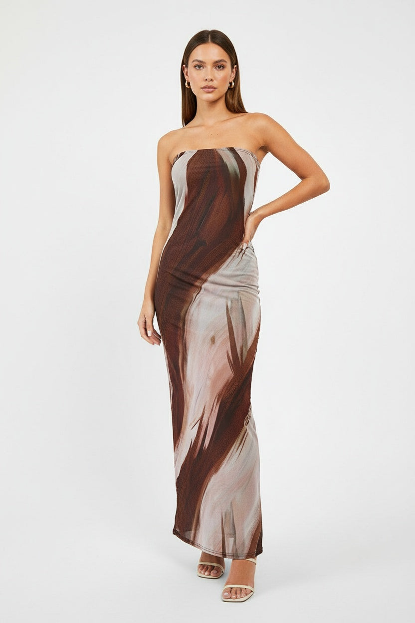 MWB Abstract Mesh Bandeau Maxi Dress