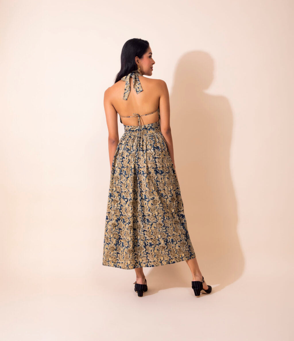 Kalamkari Cotton Halter Dress | Blue