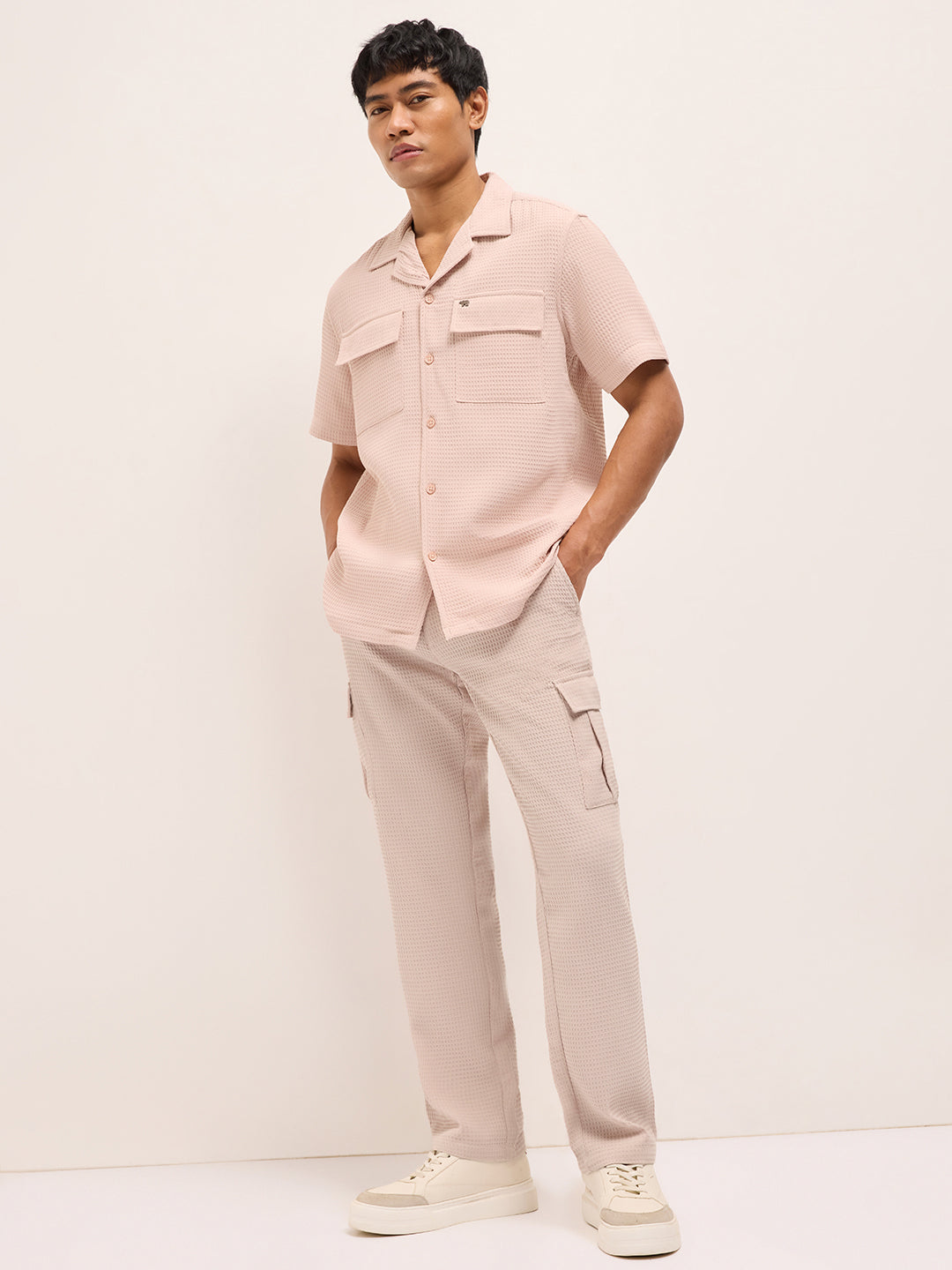 Peach Textured Waffle Weave Straight Fit Cargo Pants with Flap Pockets