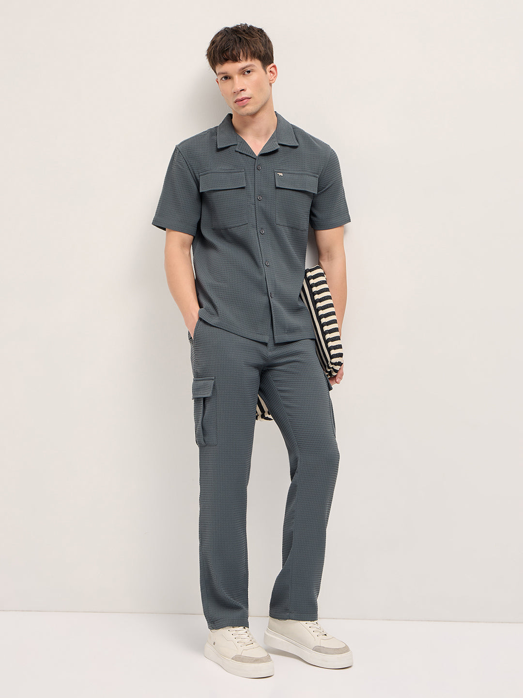 Grey Textured Waffle Weave Straight Fit Cargo Pants with Flap Pockets