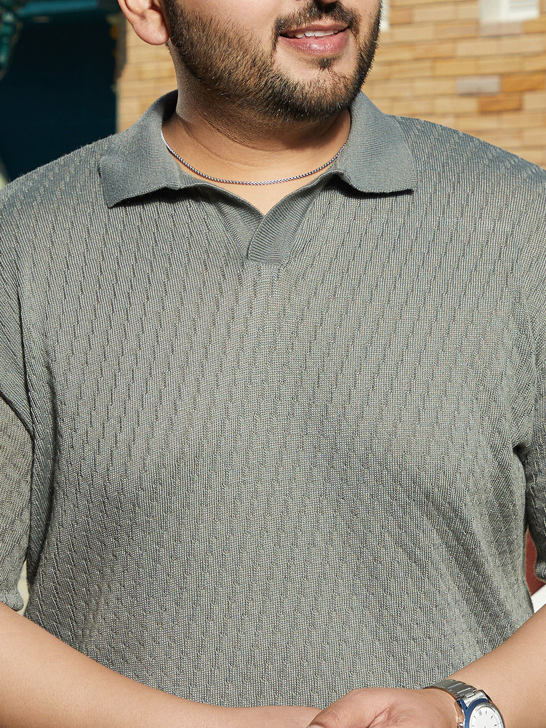 Rhombus-Knit Polo T-Shirt