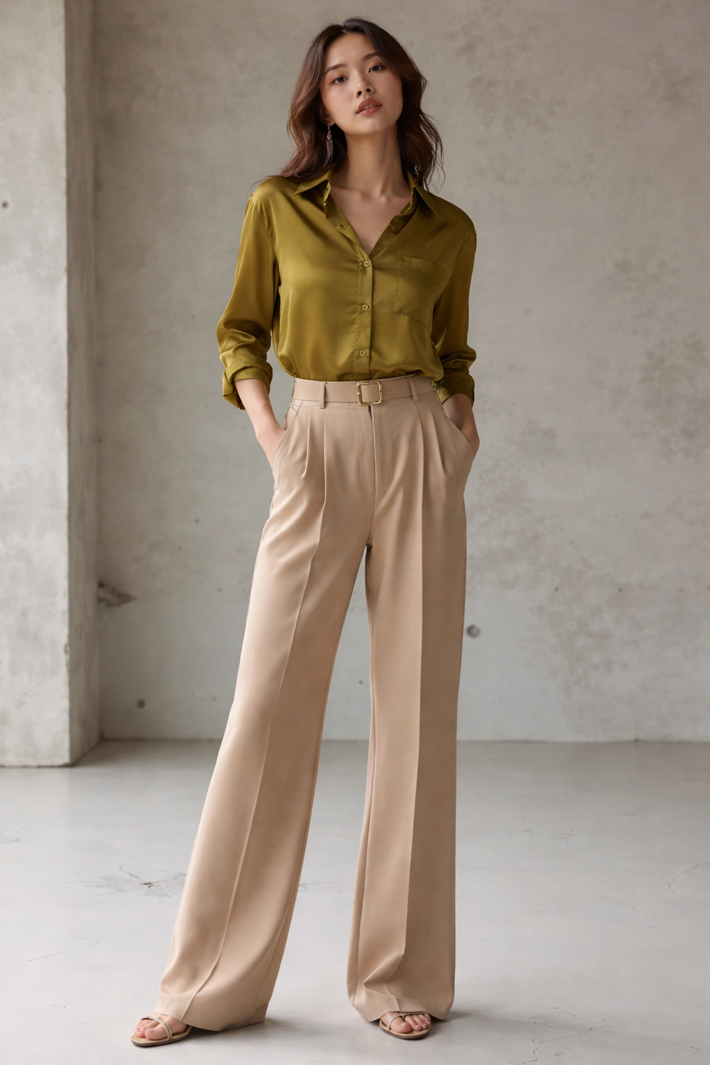 Signature Ease Luxe Satin Shirt - Olive