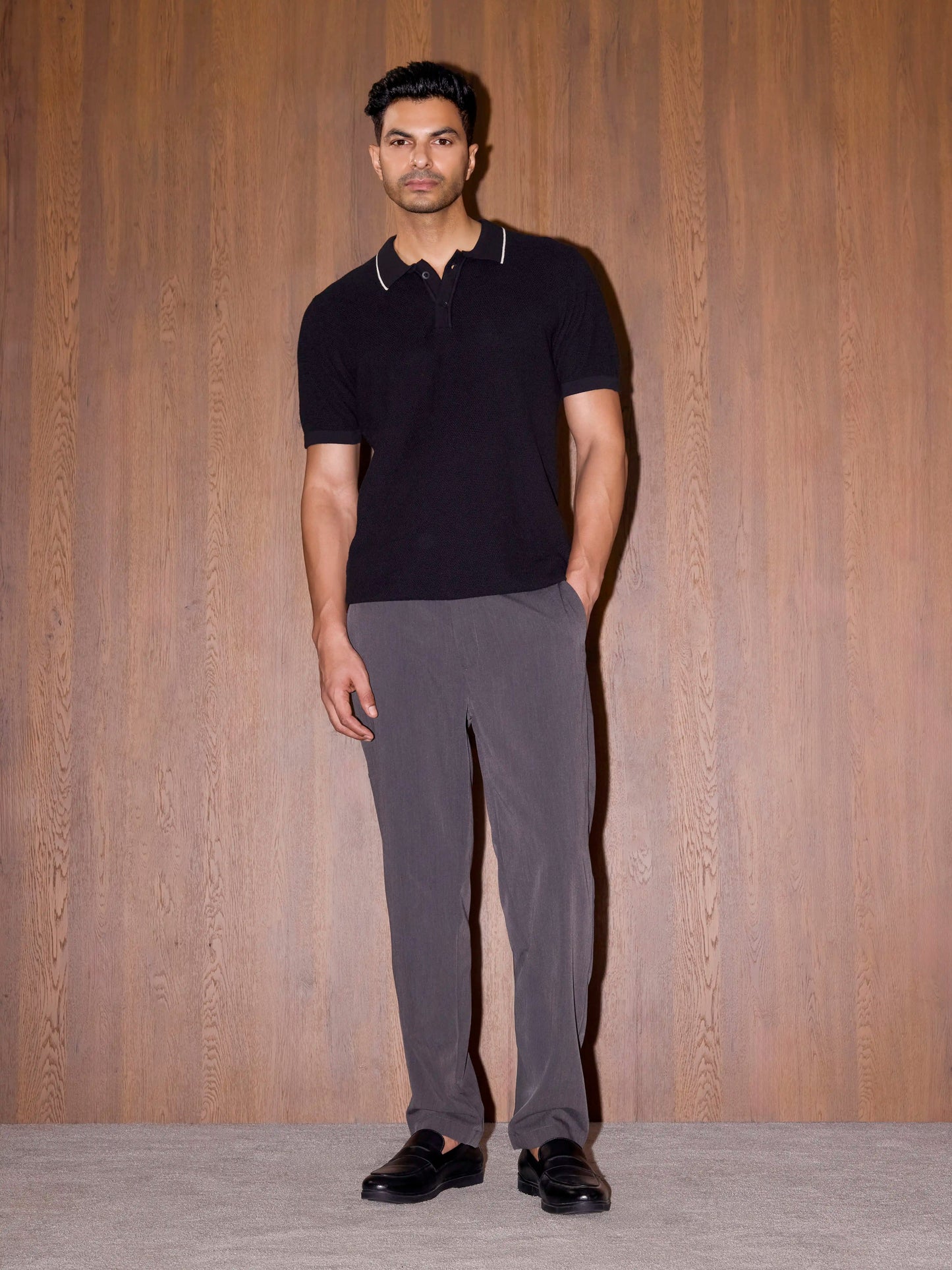 3D Knit Cotton Polo Regular Fit - Black