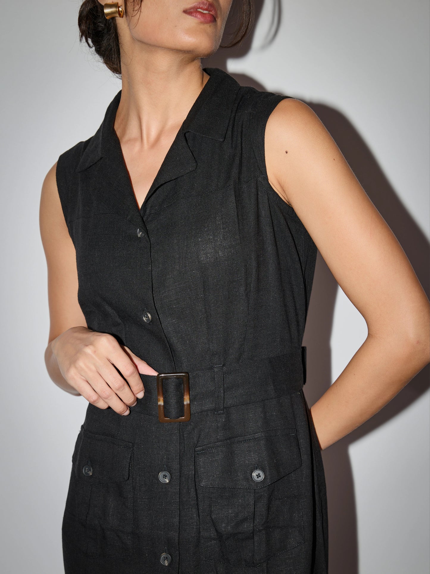Linen Trench Coat Dress - Black