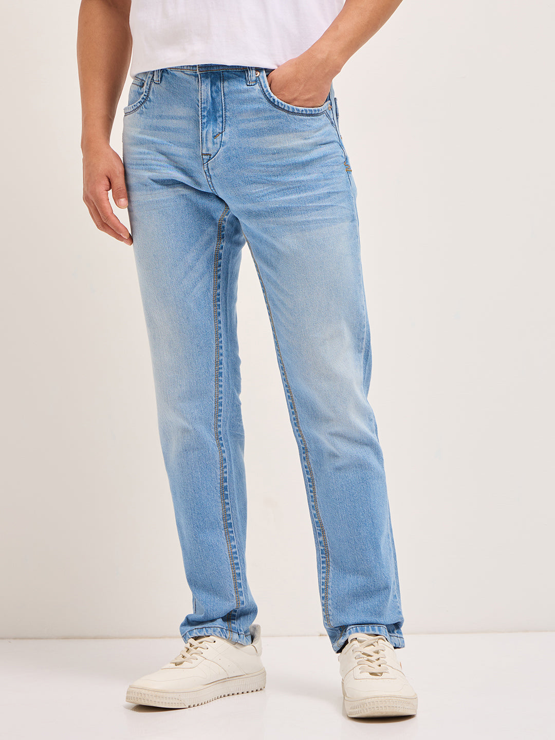Light Blue with Mid Fade Mid-Rise Slim Fit Jeans