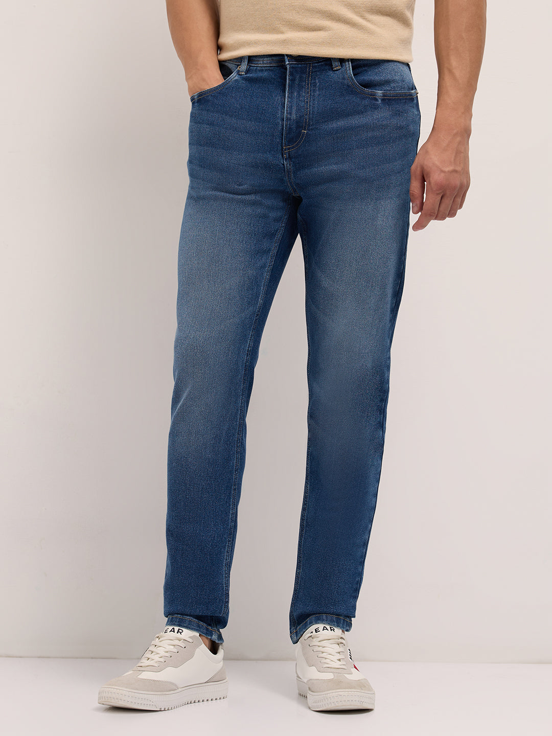 Mid Blue Mid-Rise Slim Fit Jeans with Mid Fade