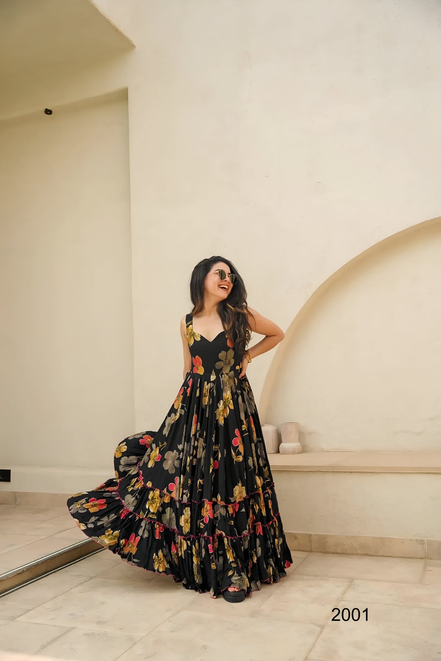 Black Floral Digital Printed Flared Rayon Long Dress