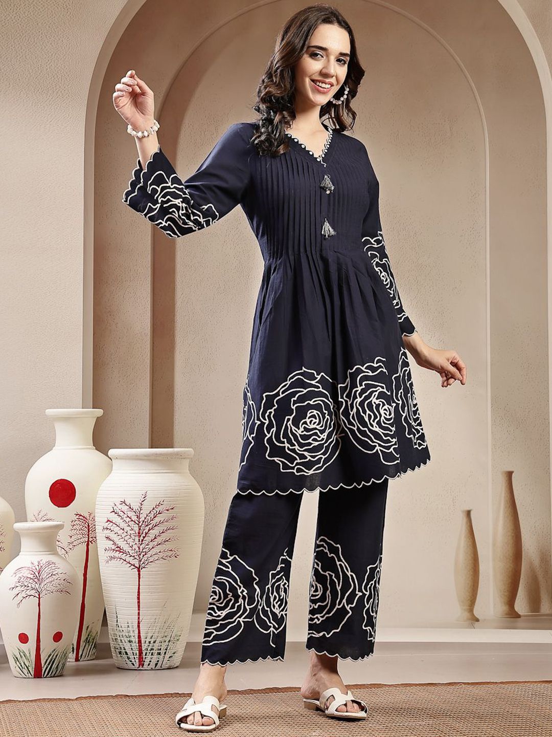 Embroidered Pure Cotton V Neck Tunic With Trousers