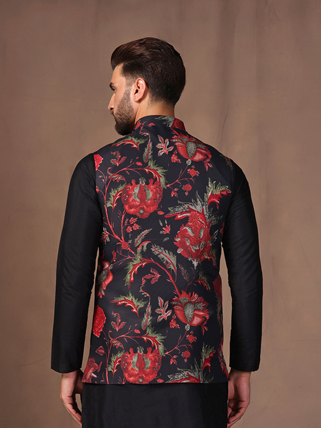 Men's Black Digital Print Nehru Jacket