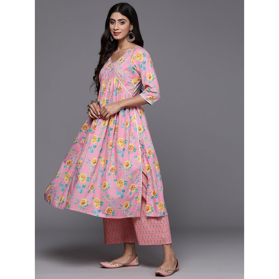 Libas Women's Pink Printed Cotton A-Line Kurta With Palazzos & Dupatta