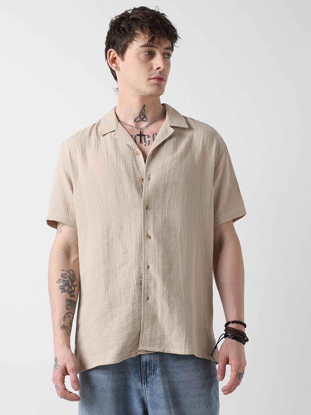 Solid Beige Double Cloth Notch Collar Oversized Shirt