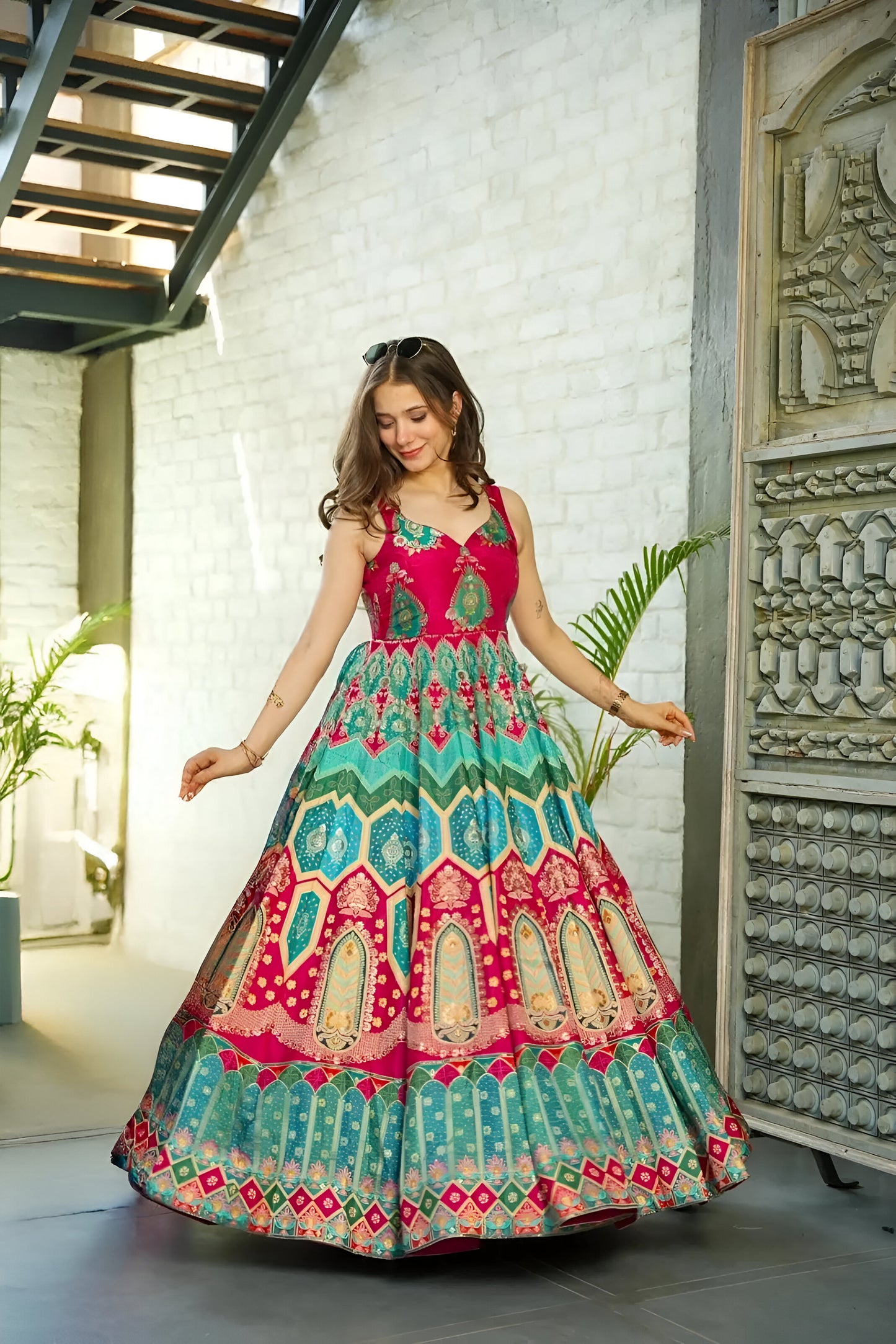 Multicoloured Heavy Print Work Silk Anarkali Set