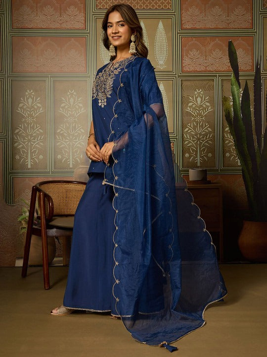 Dark Blue Embroidered Sharara Style Salwar Set