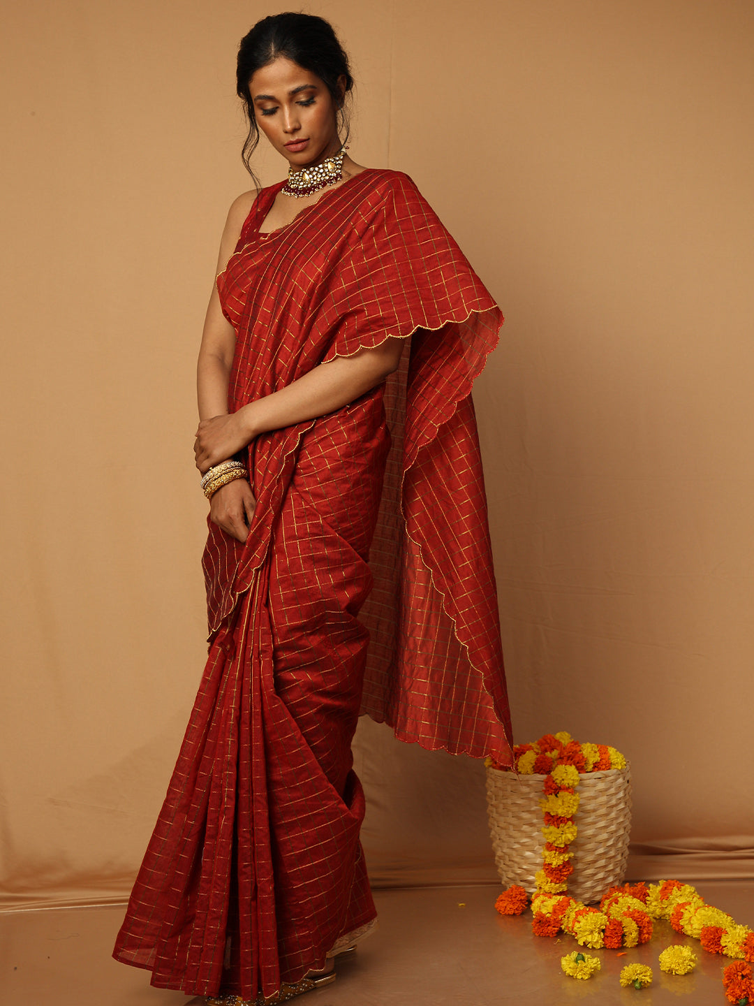 Mulla Rust Checked Saree