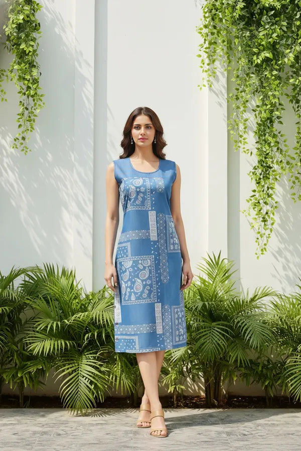 Light Blue Stylish Denim Dress With Attractive Print And Embellishment