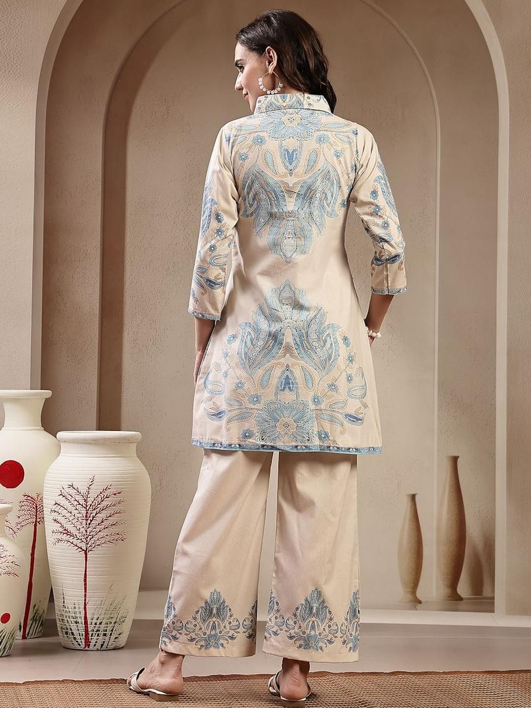 Women Printed Shirt Collar Top and Palazzos Co-Ords