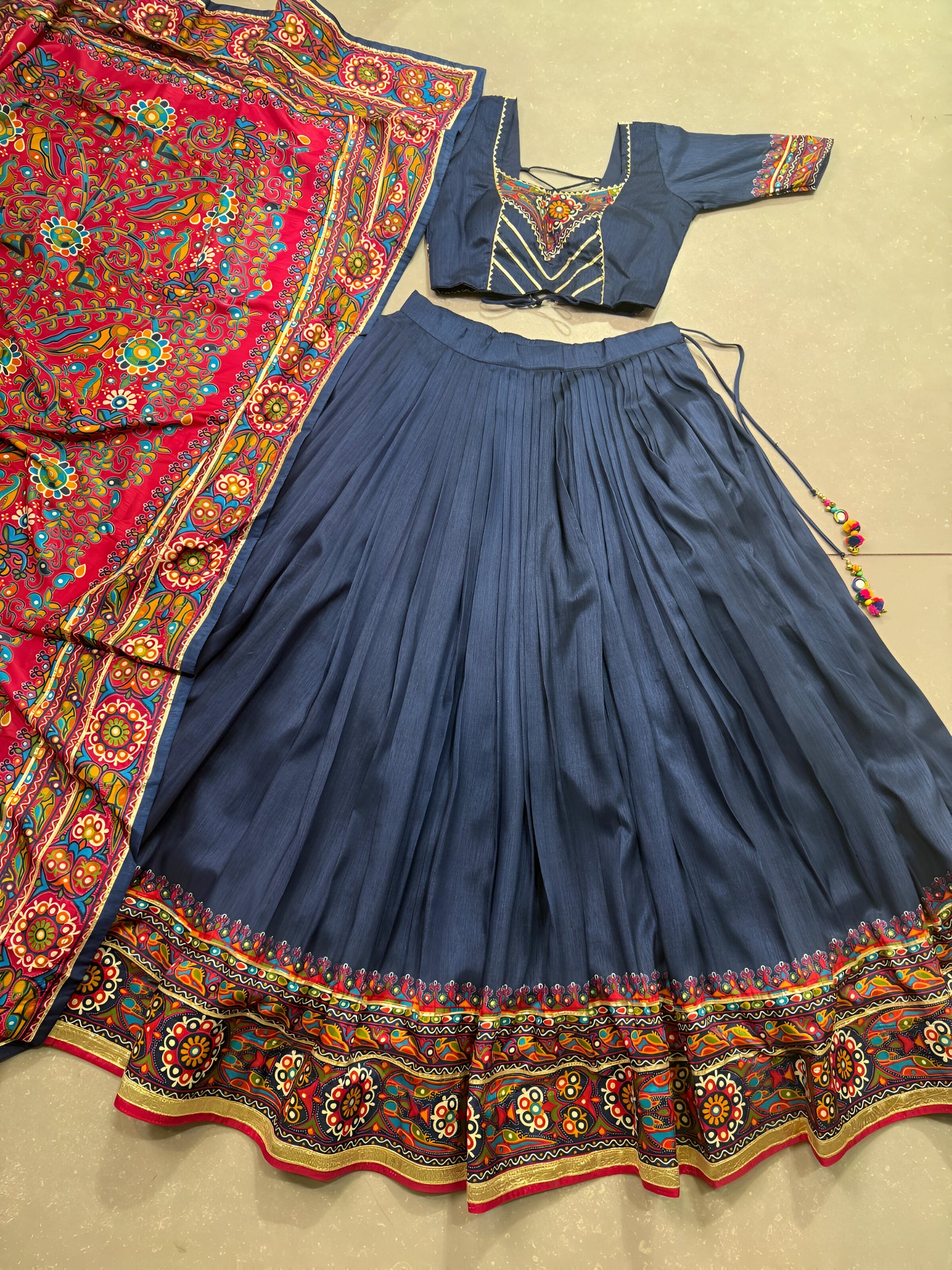 Blue Printed With Gotta Patti Work Silk Lehenga