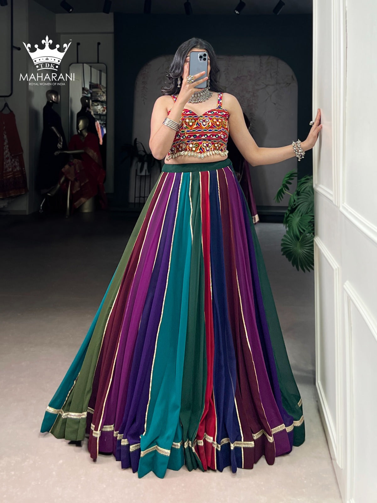 Multicoloured Mirror With Lace Work Georgette Lehenga for Navratri/Garba (adjustable blouse size S - L)