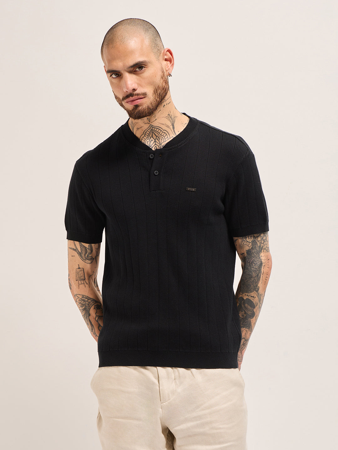 Black Textured Knit Striped Design Regular Fit Henley Neck T-Shirt