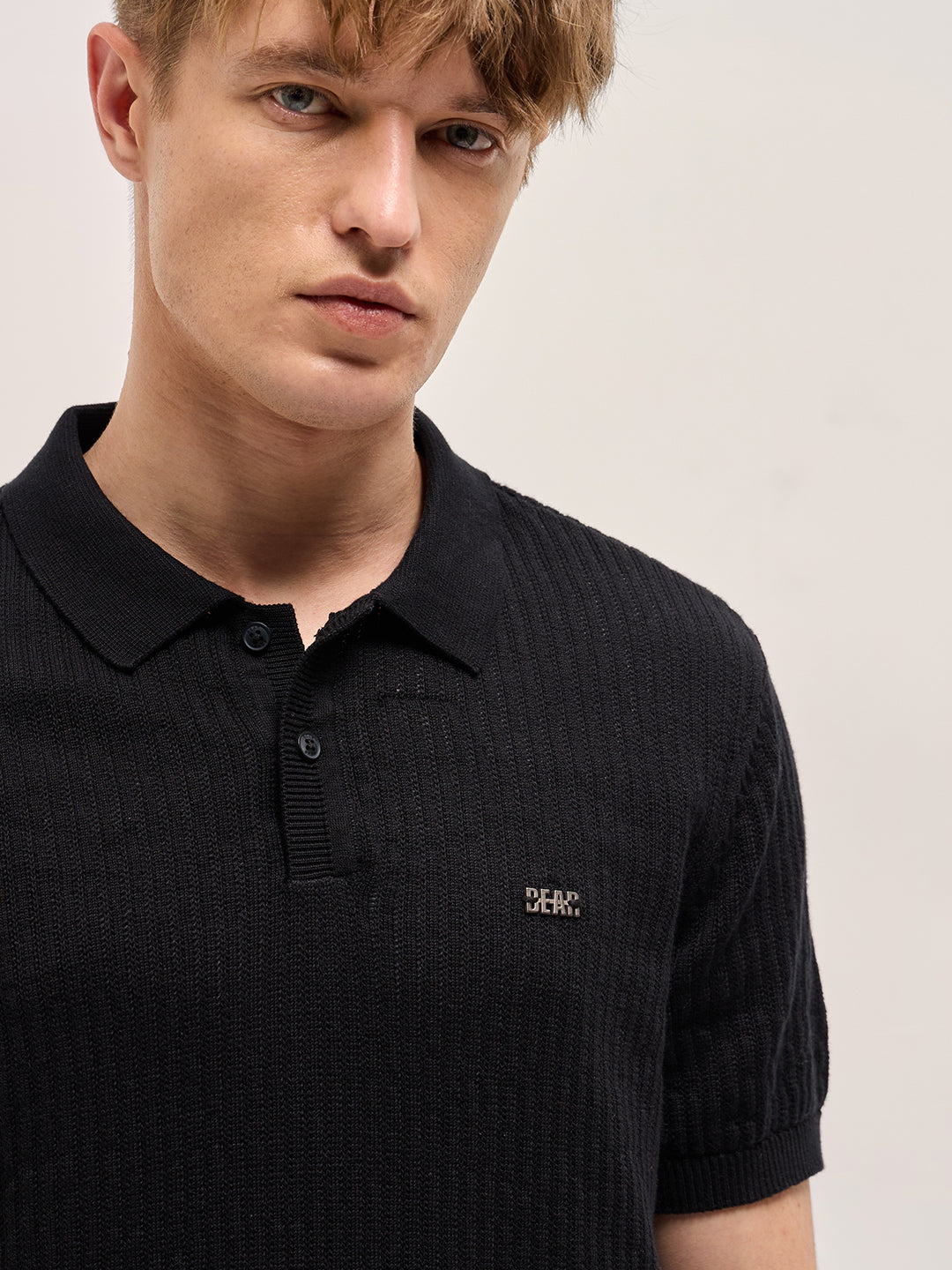 Black Ribbed Texture Design Slim Fit Polo